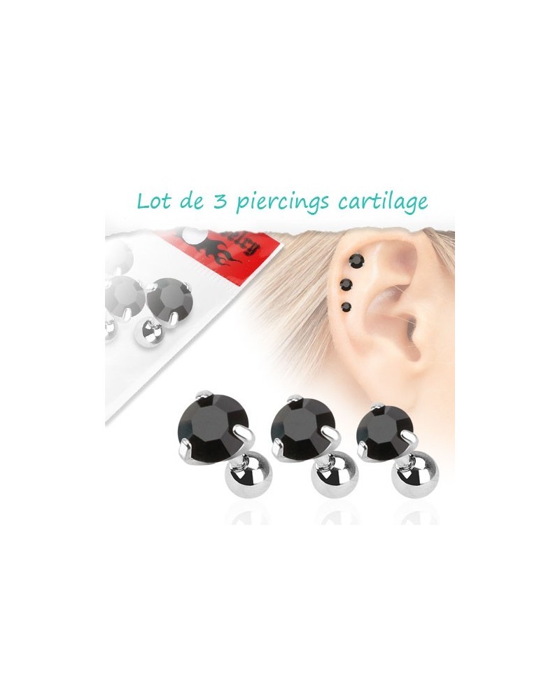 Lot de 3 piercings cartilage pierres noires