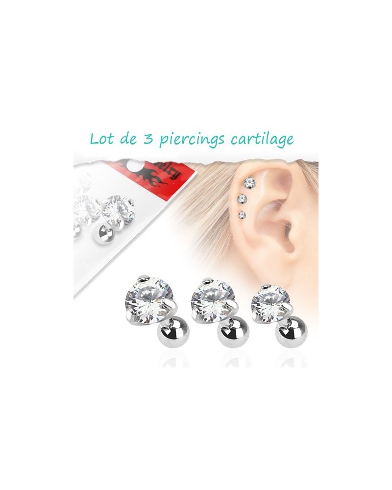 Lot de 3 piercings cartilage pierres transparentes