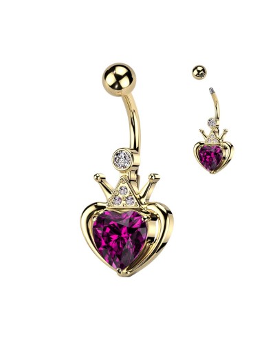 Piercing nombril doré coeur rose couronne