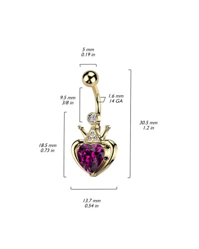 Piercing nombril doré coeur rose couronne